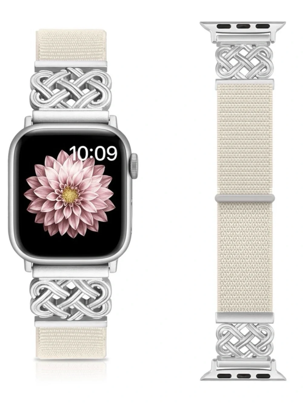 Cream Woven Watch Band with Silver Celtic Metal Accents